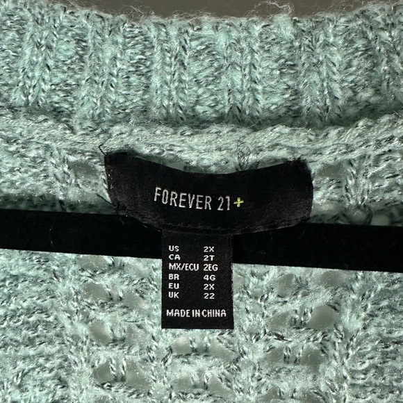 A76 Forever 21+ Open Knit Pullover Sweater Sz 2X Aqua Blue V-Neck Cozy Soft - Picture 2 of 6